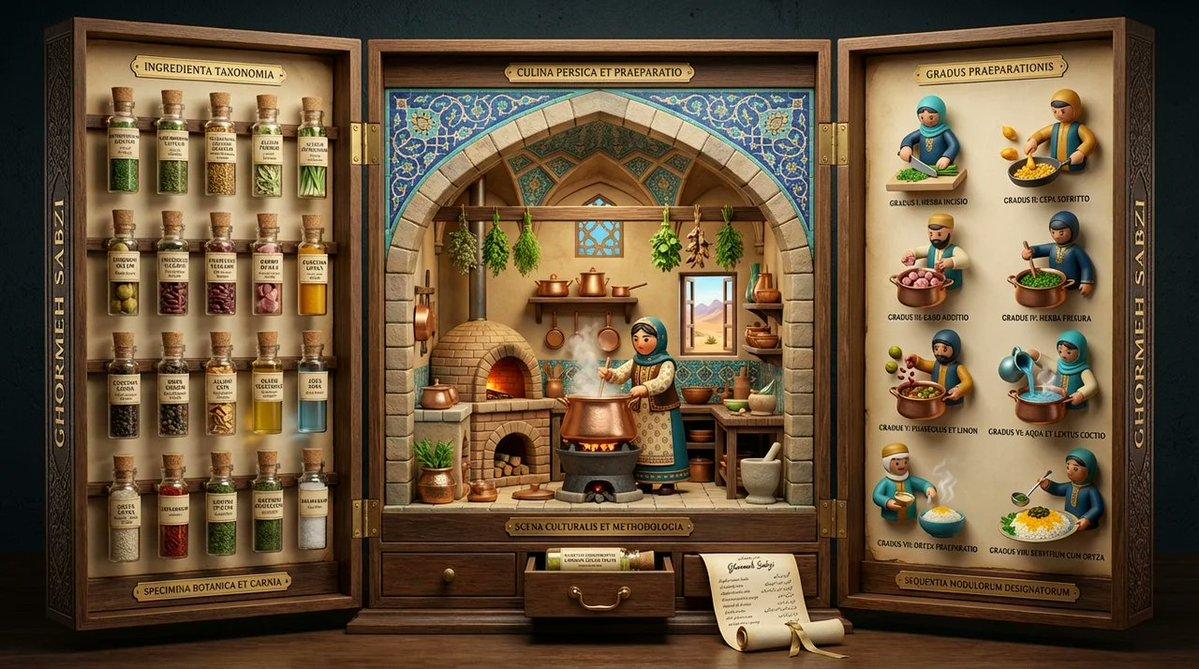 Promptforhåndsvisning: Medieval Altarpiece Display of Ghormeh Sabzi