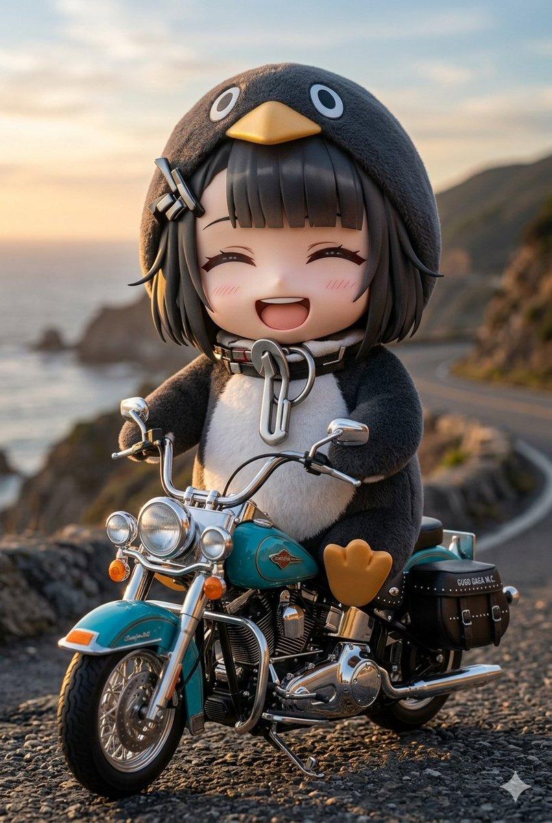 プロンプトのプレビュー: バイクに乗るちびペンギン