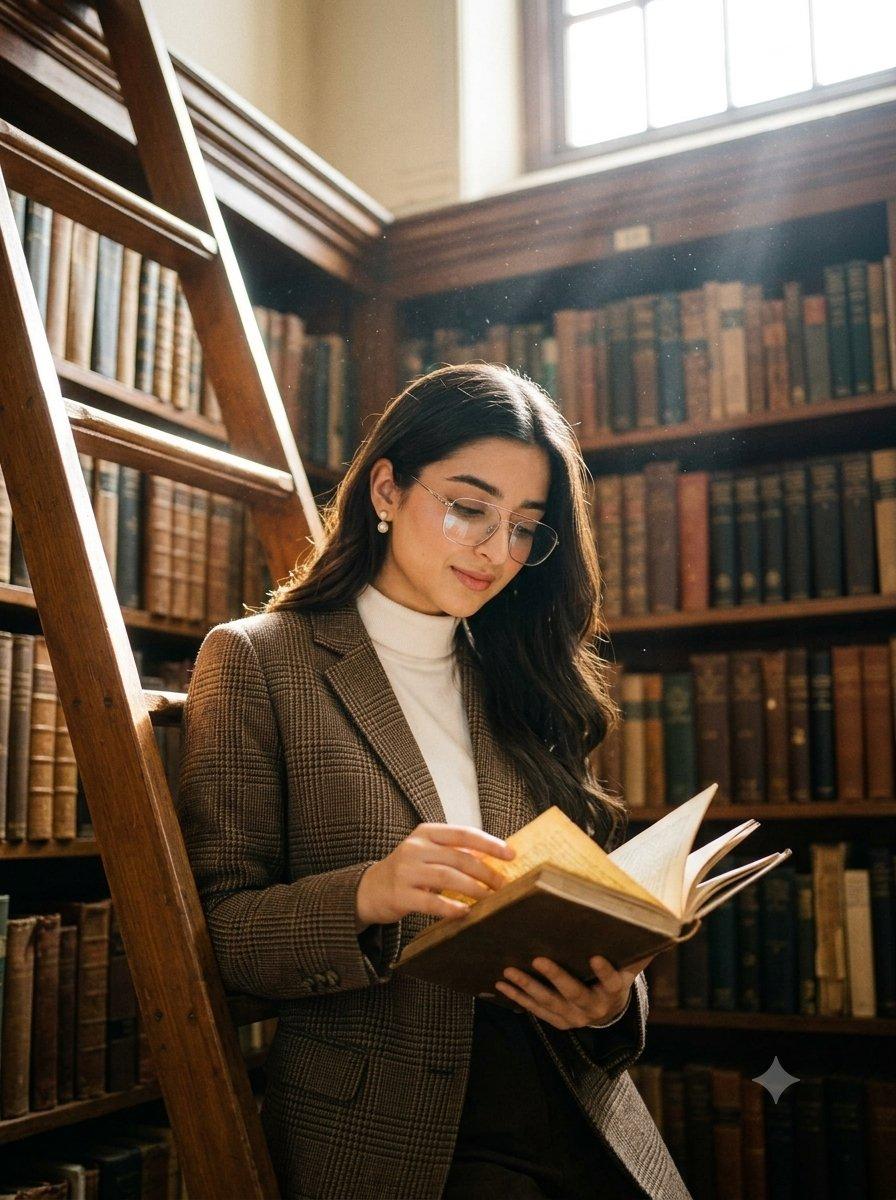 プロンプトのプレビュー: ダークアカデミア風の図書館ポートレート