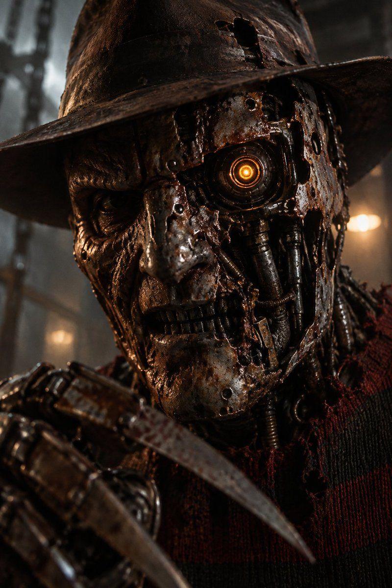 Preview ng prompt: Cinematic horror film still, extreme close-up portrait of a robotic Freddy Krueger head — rusted bat…
