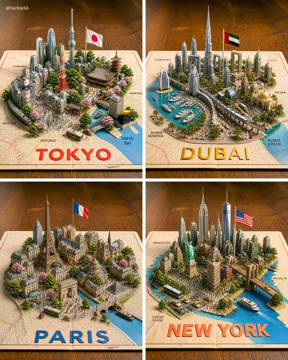 提示词预览: 四款 3D 微缩城市地图