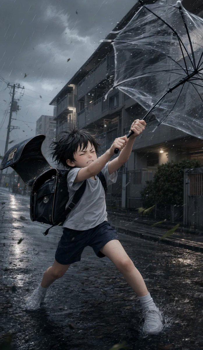 プロンプトのプレビュー: 嵐の中で傘と格闘する少年