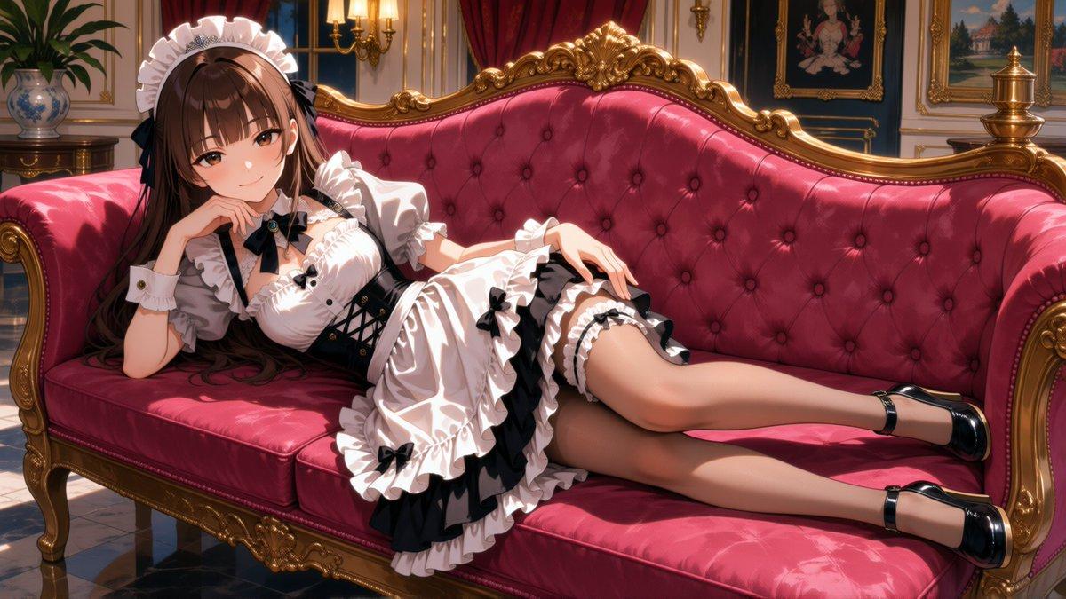 プロンプトのプレビュー: バロック様式のソファに座るアニメ風メイド