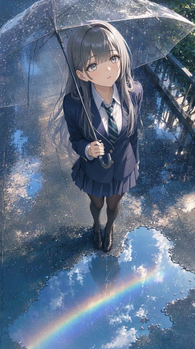 プロンプトのプレビュー: 透明な傘を差したアニメ風の女子高生