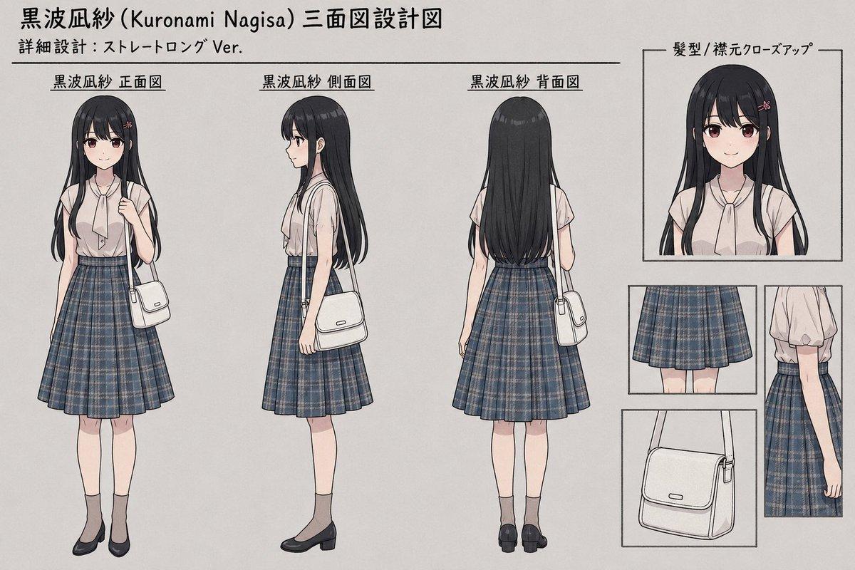 プロンプトのプレビュー: アニメ風キャラクター三面図シート