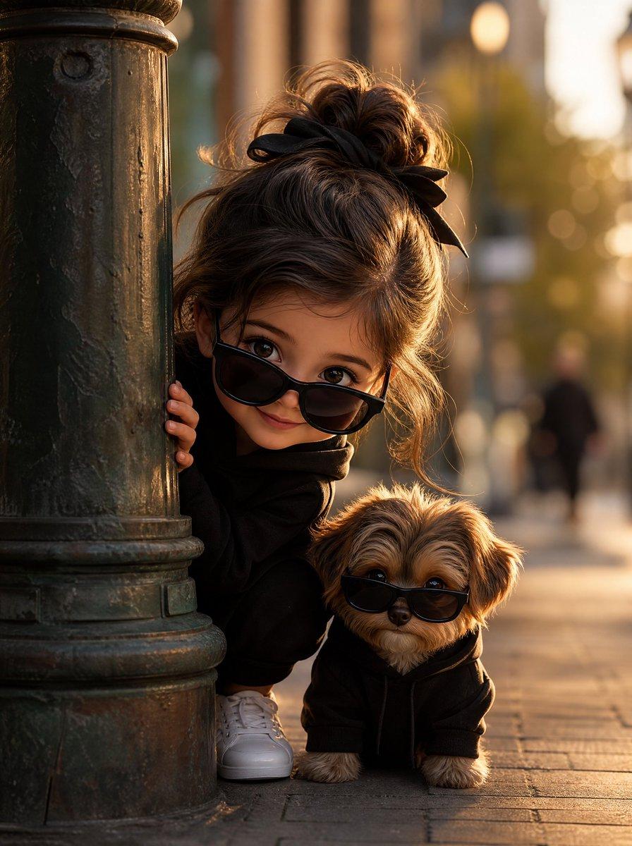 プロンプトのプレビュー: 街灯の陰から覗く少女と子犬
