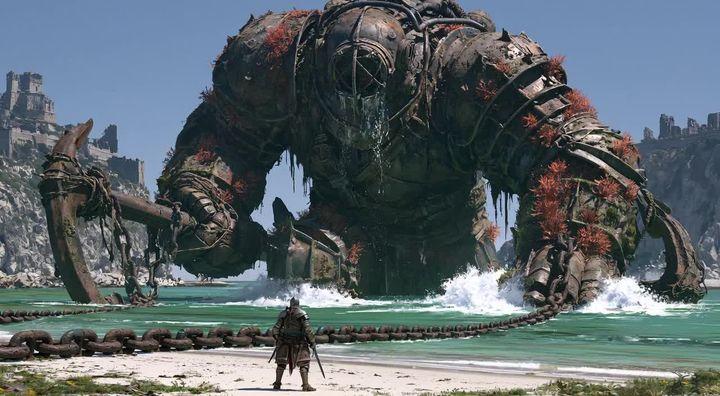 Prompt preview: Lone medieval knight confronting colossal ancient armored warrior