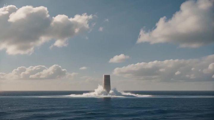 Превью промпта: An enormous staircase emerges from the middle of the ocean and rises into the clouds. People gather …