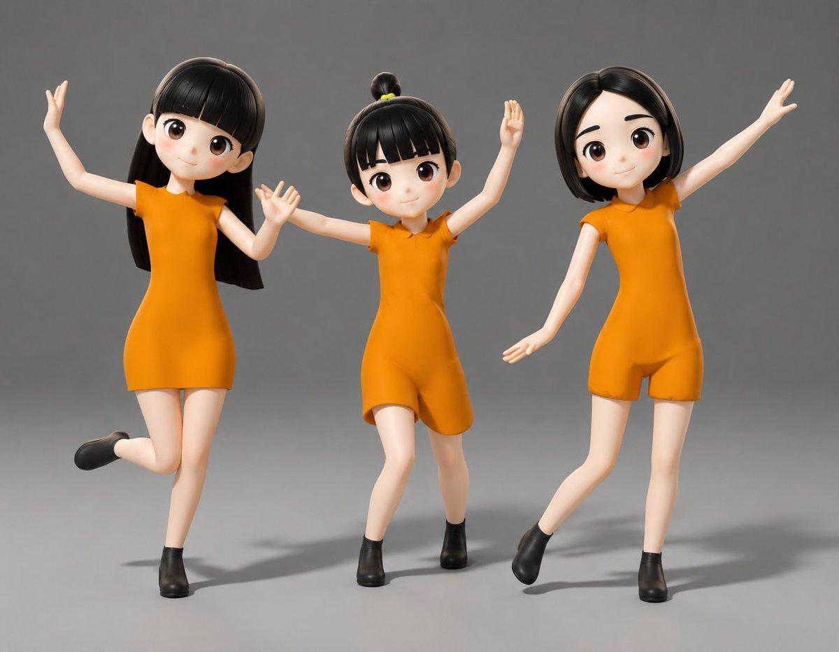 プロンプトのプレビュー: 顔がぼかされた 3D ダンス少女 3 人組