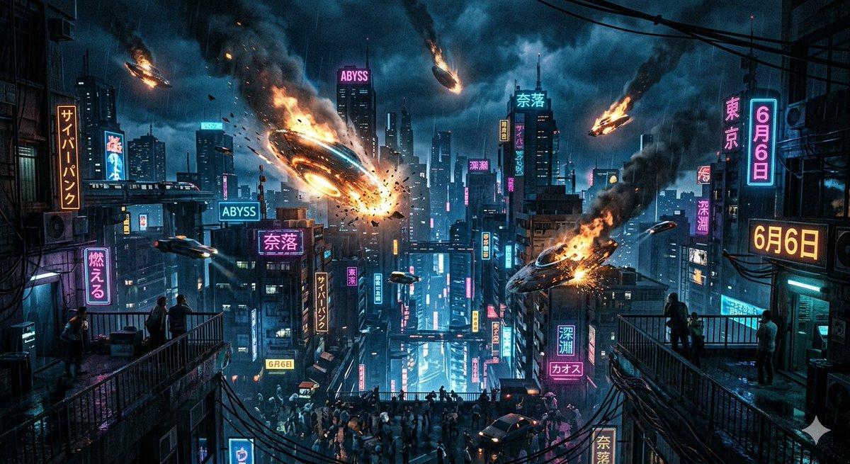 提示词预览: 深渊中的 UFO 坠毁(赛博朋克风格)