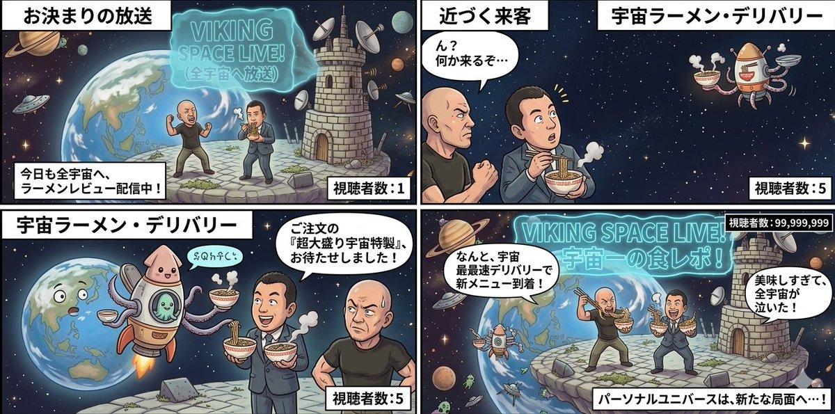 プロンプトのプレビュー: 4コマ漫画:パーソナルユニバース