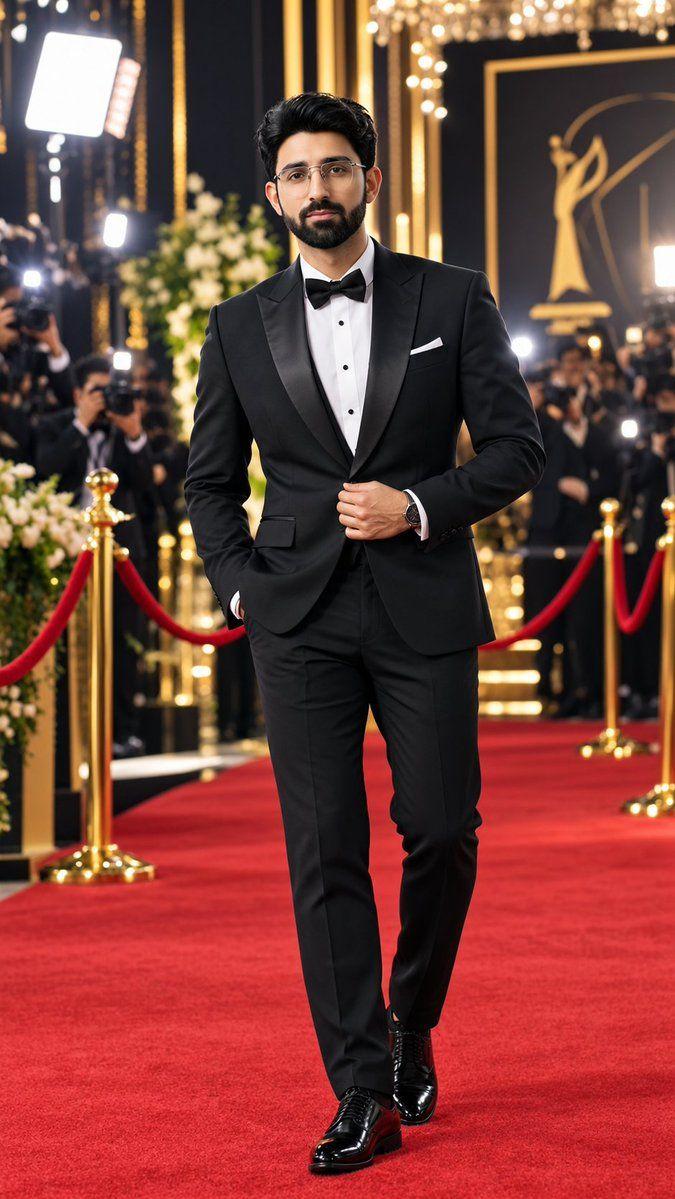 Prompt preview: A handsome young man wearing an elegant black tuxedo, standing confidently on a glamorous red carpet…
