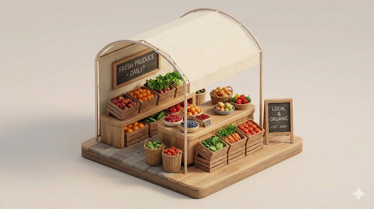 Promptforhåndsvisning: Minimal 3D Isometric Urban Retail Kiosk Diorama