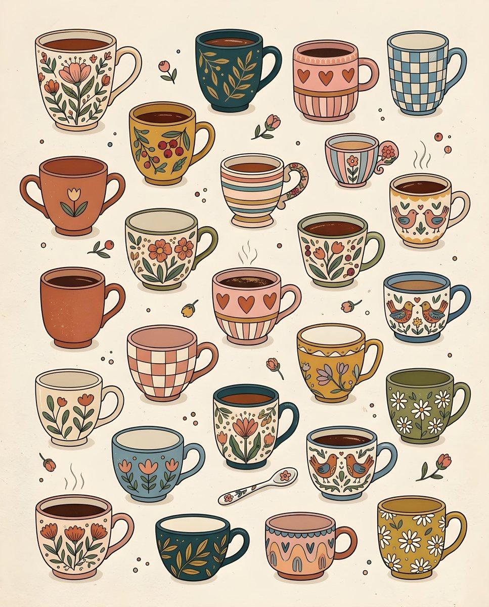 プロンプトのプレビュー: 遊び心あふれる手描きのティーカップ