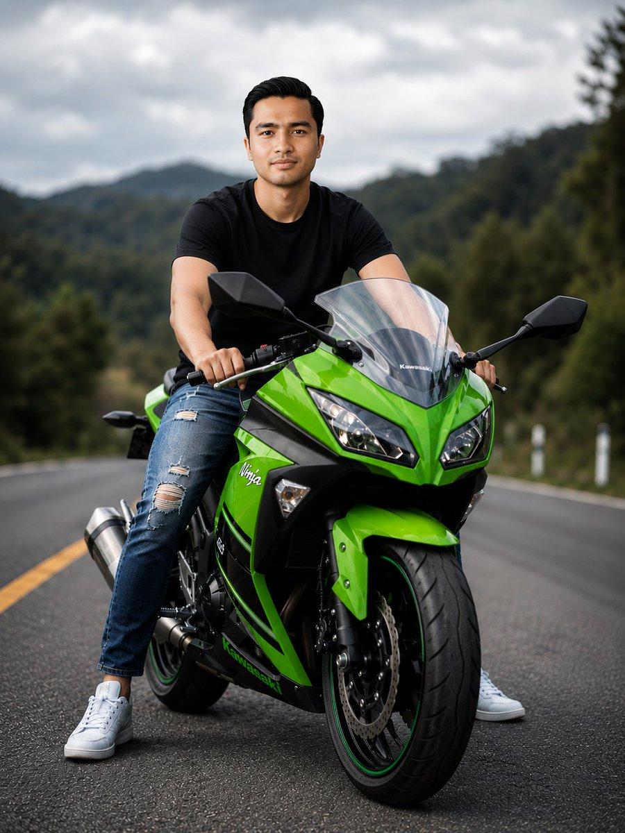 プロンプトのプレビュー: 緑のスポーツバイクと山道