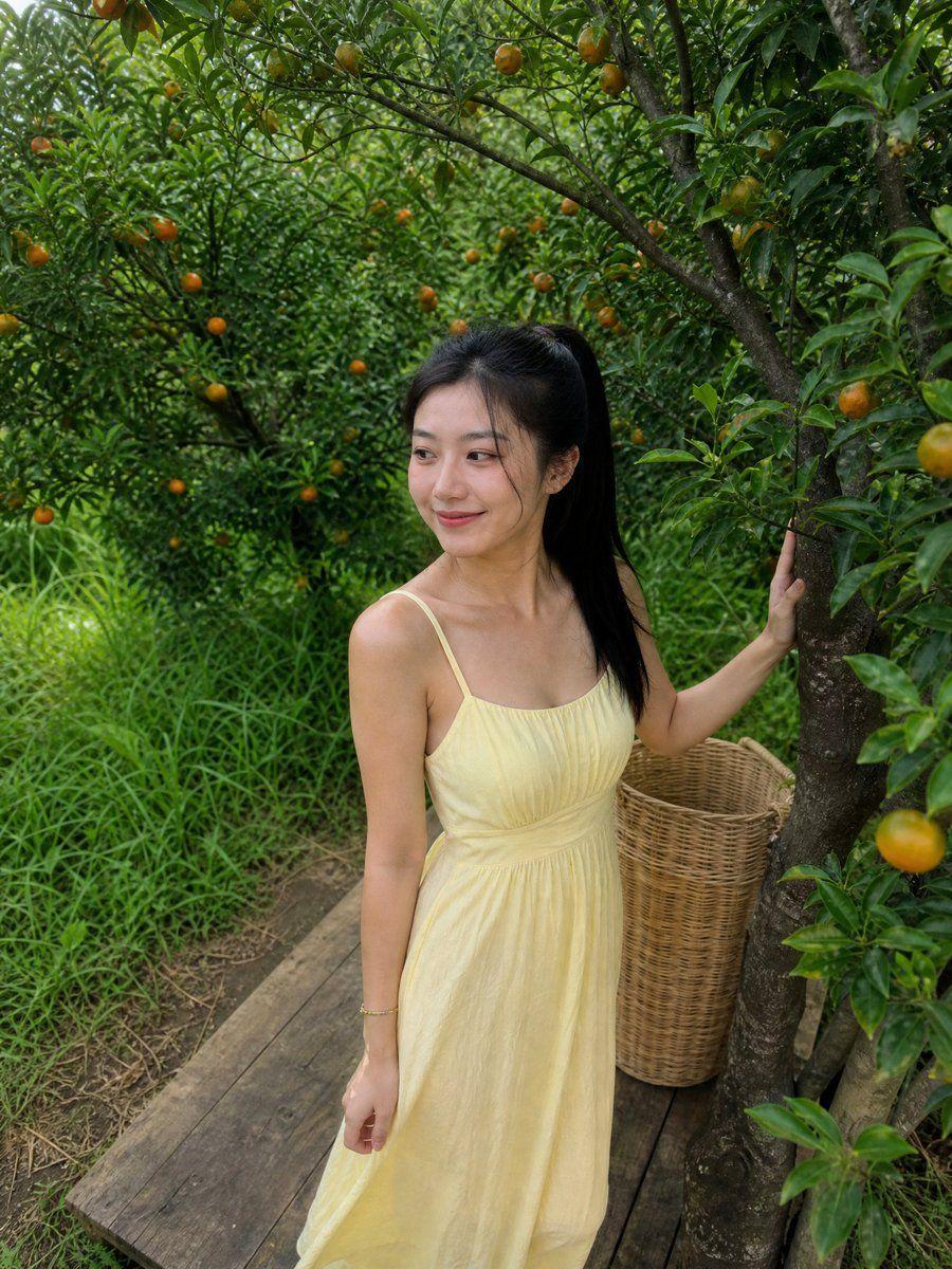 Prompt preview: A photorealistic candid outdoor portrait of a young woman sitting on a rustic wooden platform in a l…