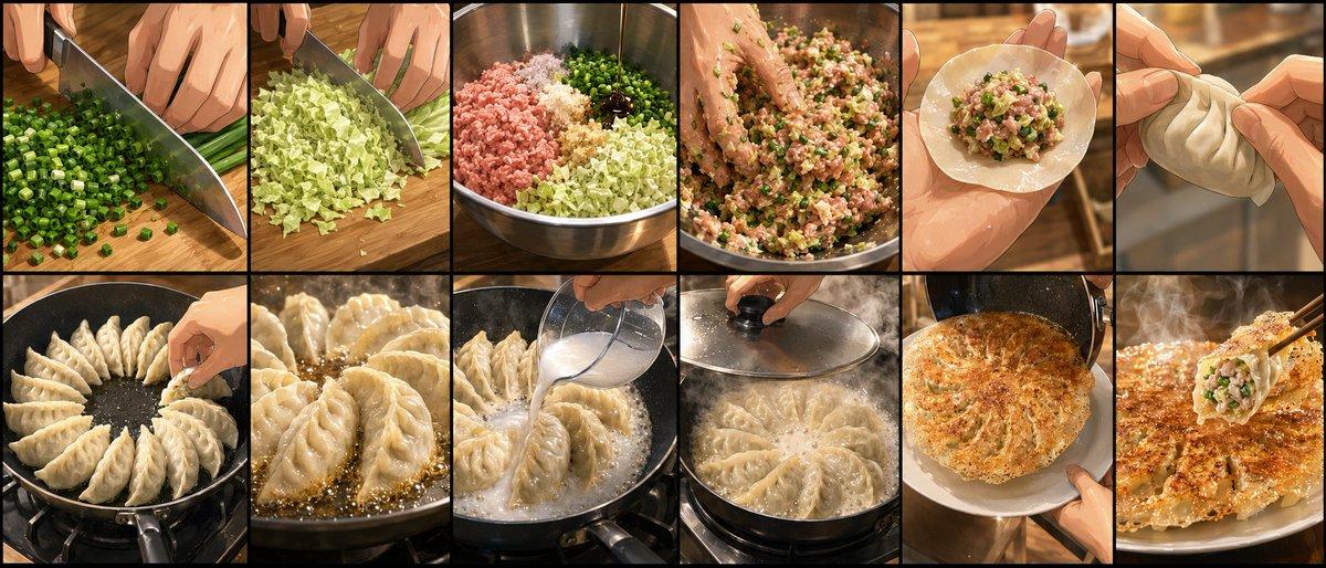 プロンプトのプレビュー: 餃子調理のストーリーボード