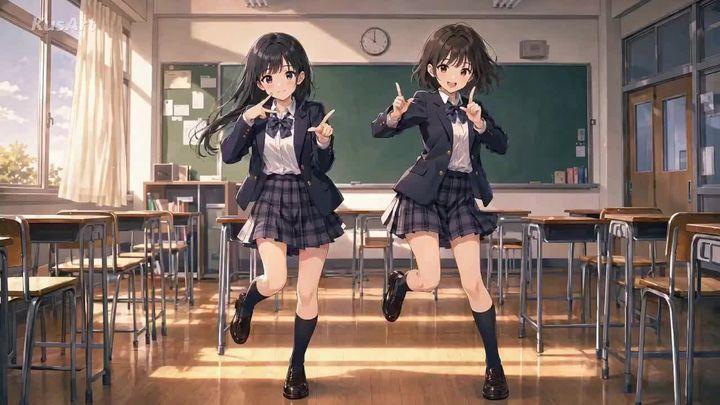 プロンプトのプレビュー: 【女子高生二人組・TikTokダンス動画生成プロンプト】\n参照画像に描かれた女子高生二人を主人公として使用する。\n15秒、24fps、横型16:9。\n日本のフルカラーアニメ。劇場版アニメレベルの…