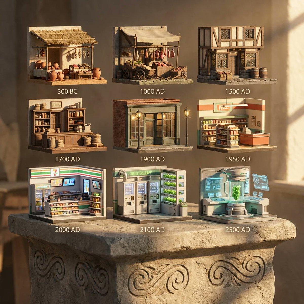 Promptforhåndsvisning: Evolution of Grocery Shops 3D Grid Prompt