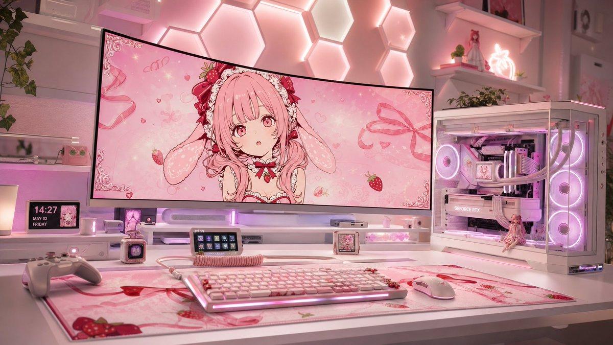 プロンプトのプレビュー: パステルピンクのアニメ風ゲーミングデスクセットアップ