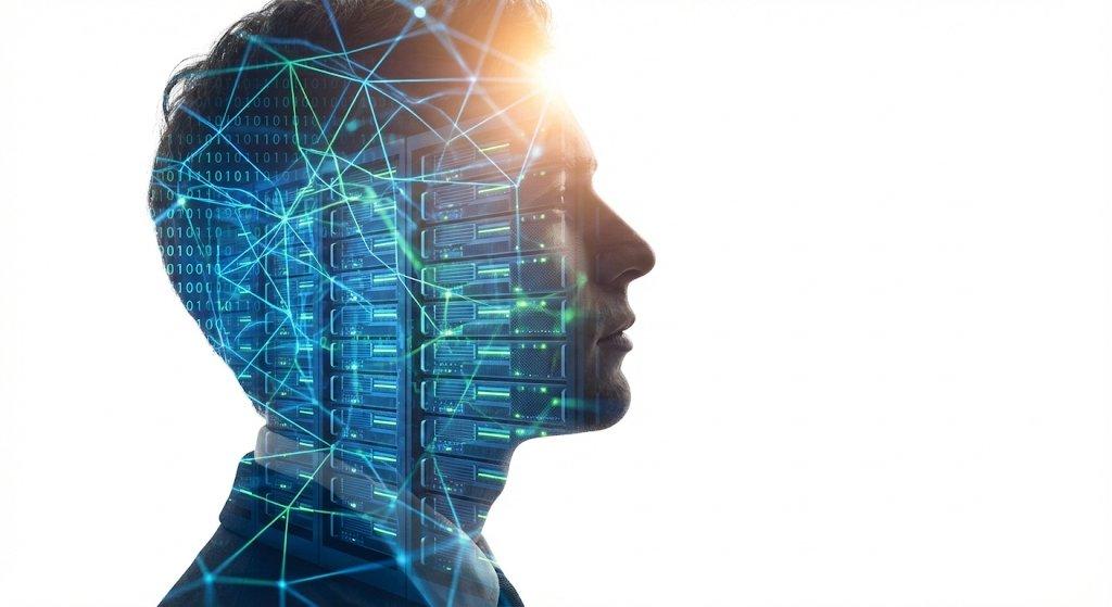 プロンプトのプレビュー: AI エンジニアの二重露光ポートレート