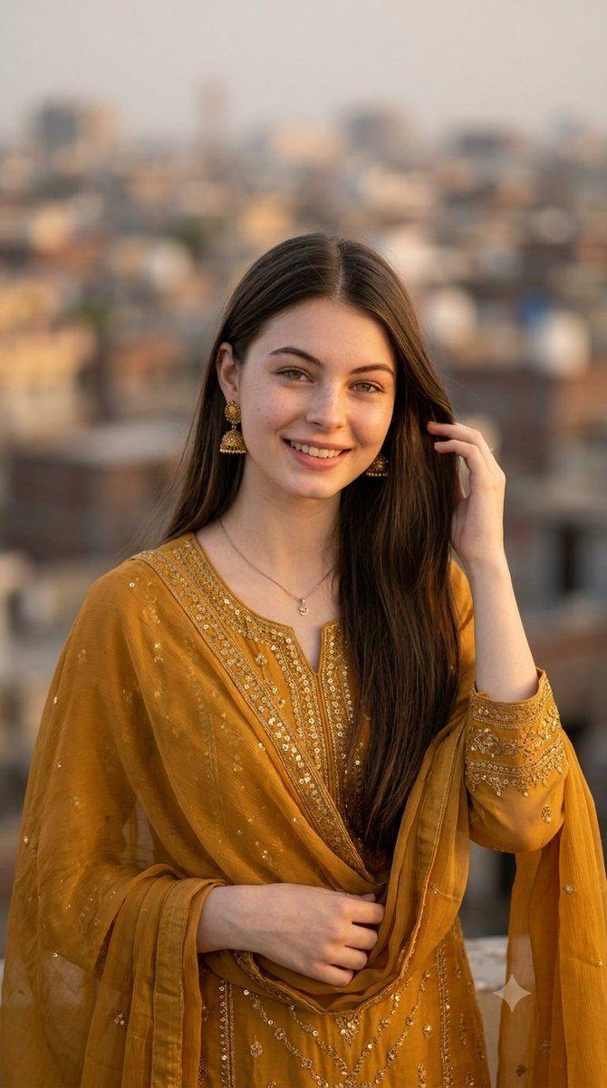 Preview ng prompt: A beautiful young South Asian woman wearing an elegant mustard-yellow traditional shalwar kameez wit…