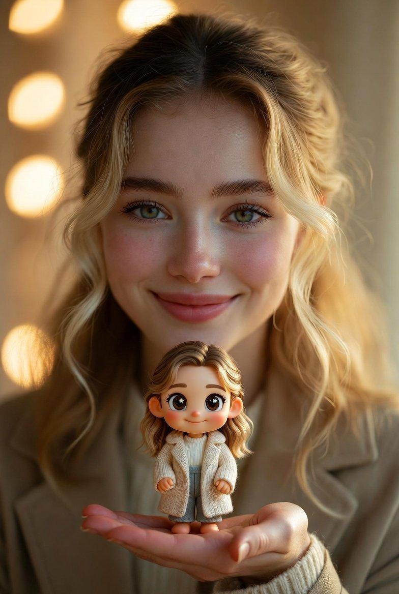Promptvoorbeeld: Cinematic Portrait with Miniature Chibi Figurine