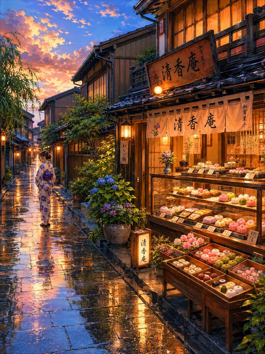 プロンプトのプレビュー: 居心地の良い夜の和菓子店