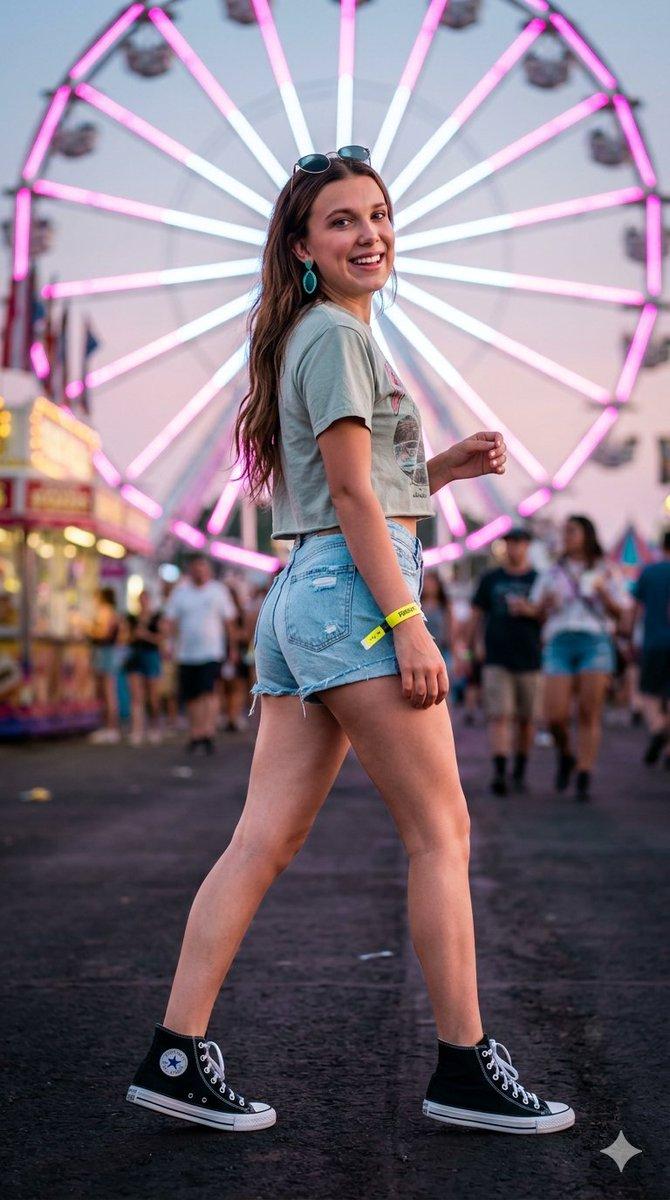プロンプトのプレビュー: Millie Bobby Brown のシネマティックなフェスティバル写真