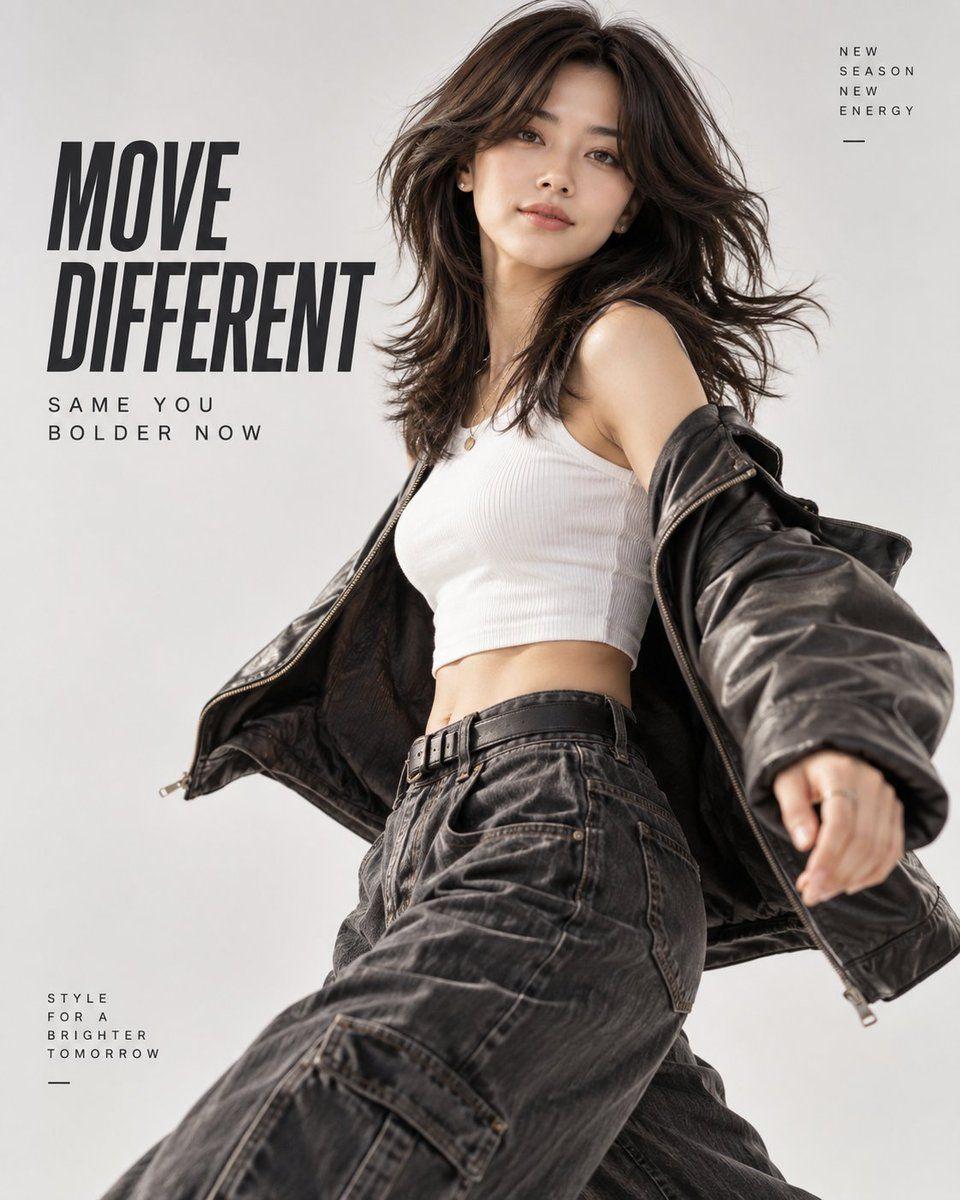 Превью промпта: Create an energetic fashion advertisement featuring a stylish model captured mid-step, mid-turn, or …
