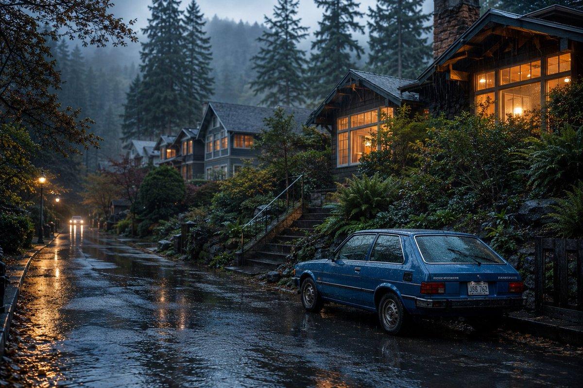 プロンプトのプレビュー: 映画のような雨の郊外の通り