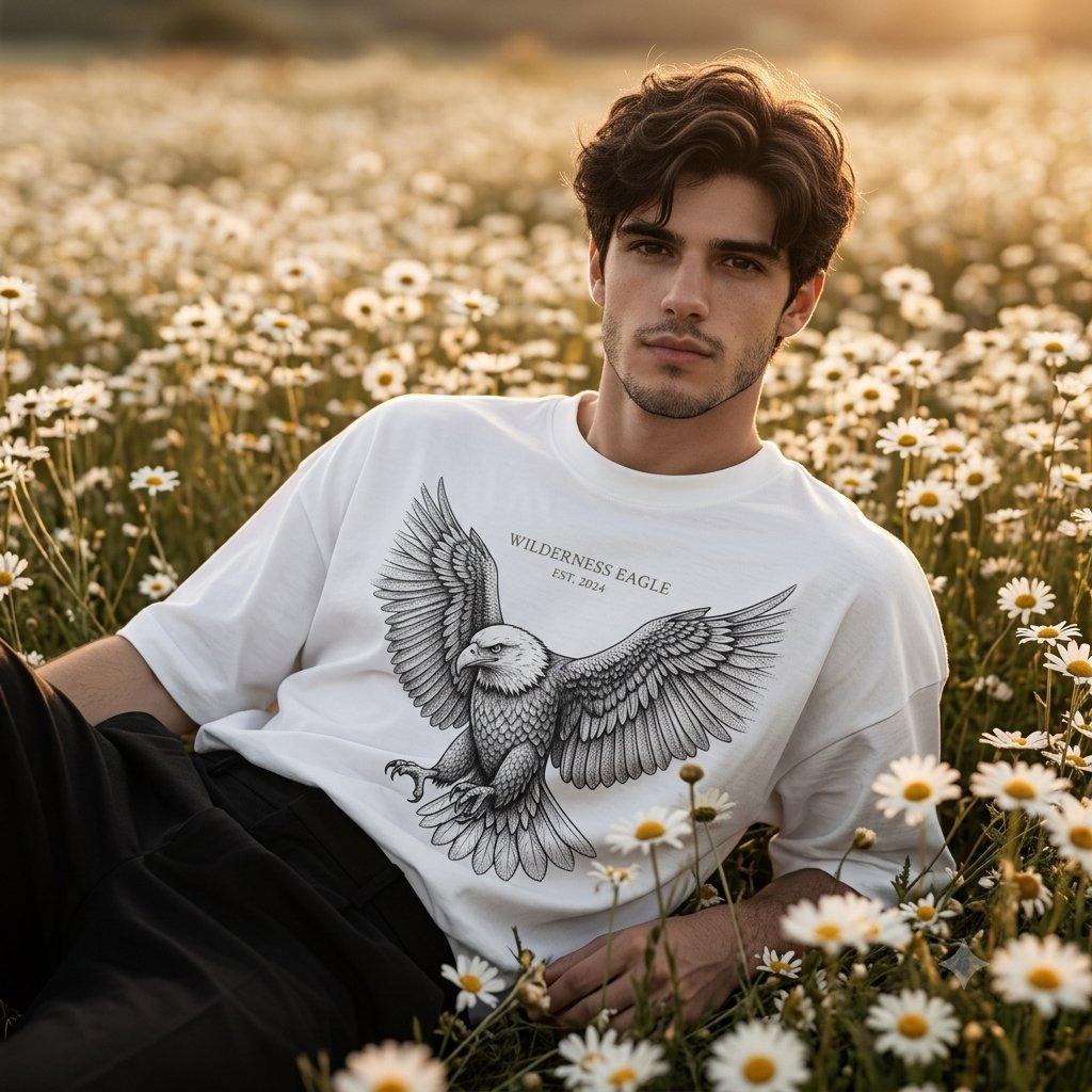 Pré-visualização do prompt: Campanha de Streetwear com Modelo Masculino em Campo de Margaridas