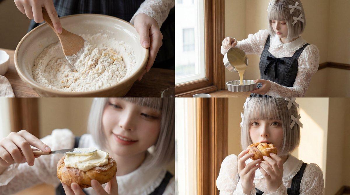 プロンプトのプレビュー: ベーキングシーンのシネマティックなショートビデオプロンプト