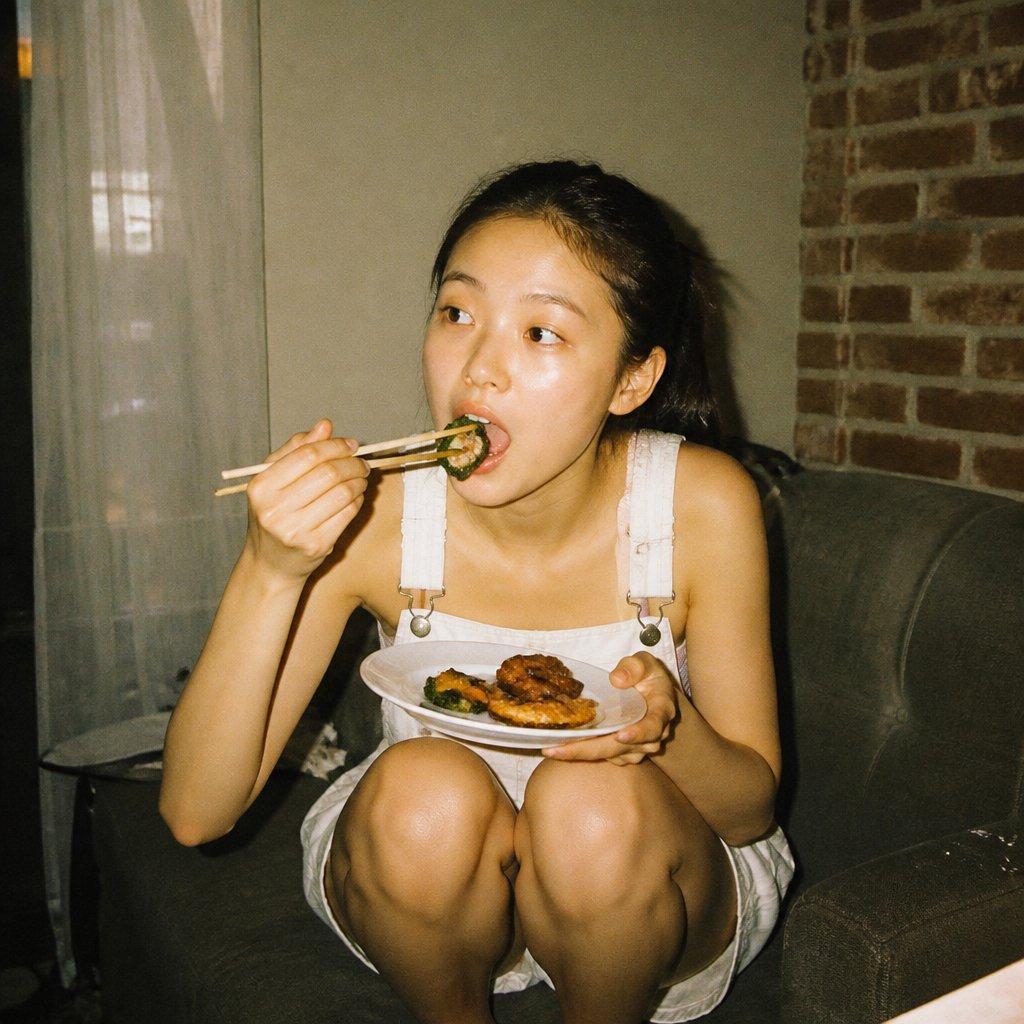プロンプトのプレビュー: ソファで食事をする女性の自然なフラッシュ写真