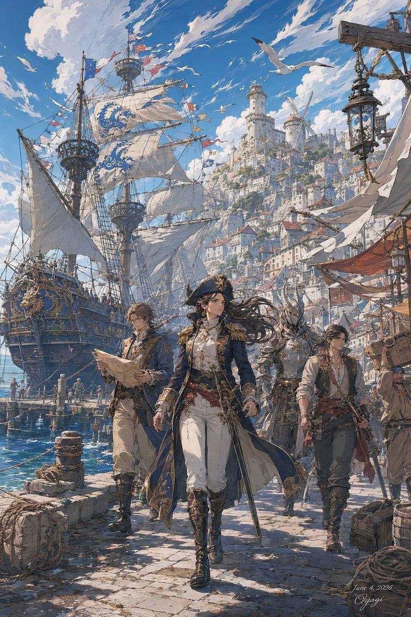 プロンプトのプレビュー: ファンタジー港の船長シーン