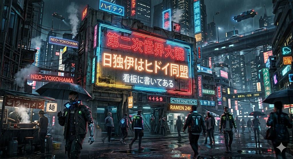 プロンプトのプレビュー: サイバーパンク風第二次世界大戦の看板