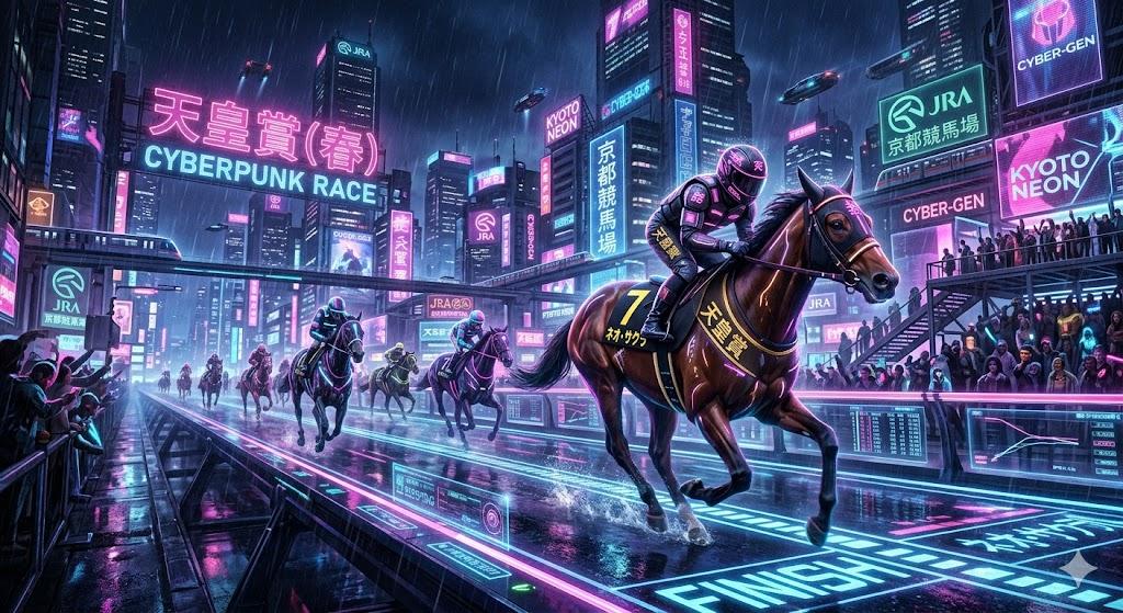 プロンプトのプレビュー: サイバーパンク風の競馬イラスト