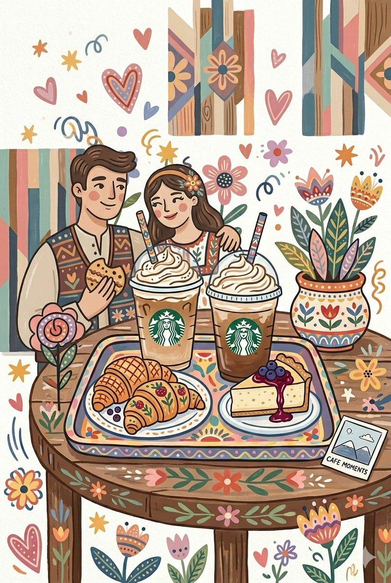 プロンプトのプレビュー: フォークアート風カフェデートのイラスト