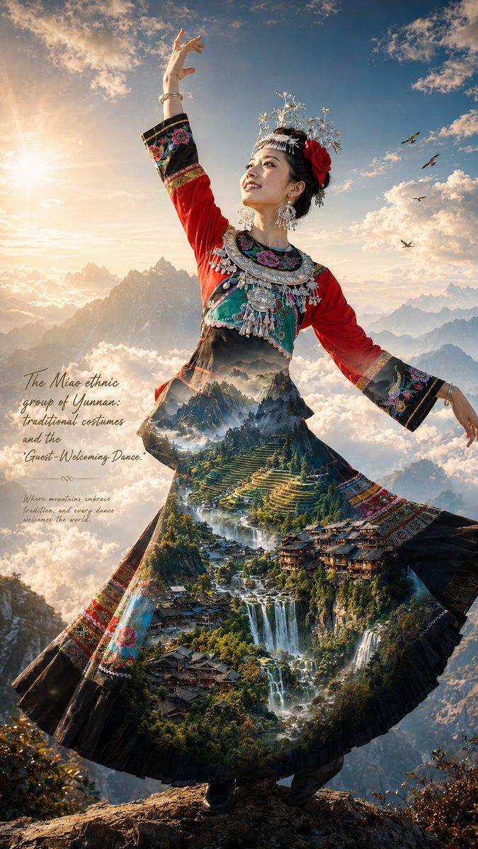 ตัวอย่างพรีวิวพรอมต์: โปสเตอร์ภาพซ้อน (Double Exposure) ของกลุ่มชาติพันธุ์ม้ง