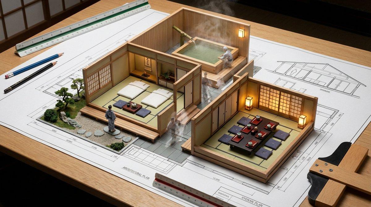 プロンプトのプレビュー: 建築設計図から日本の旅館のミニチュアシーンへ