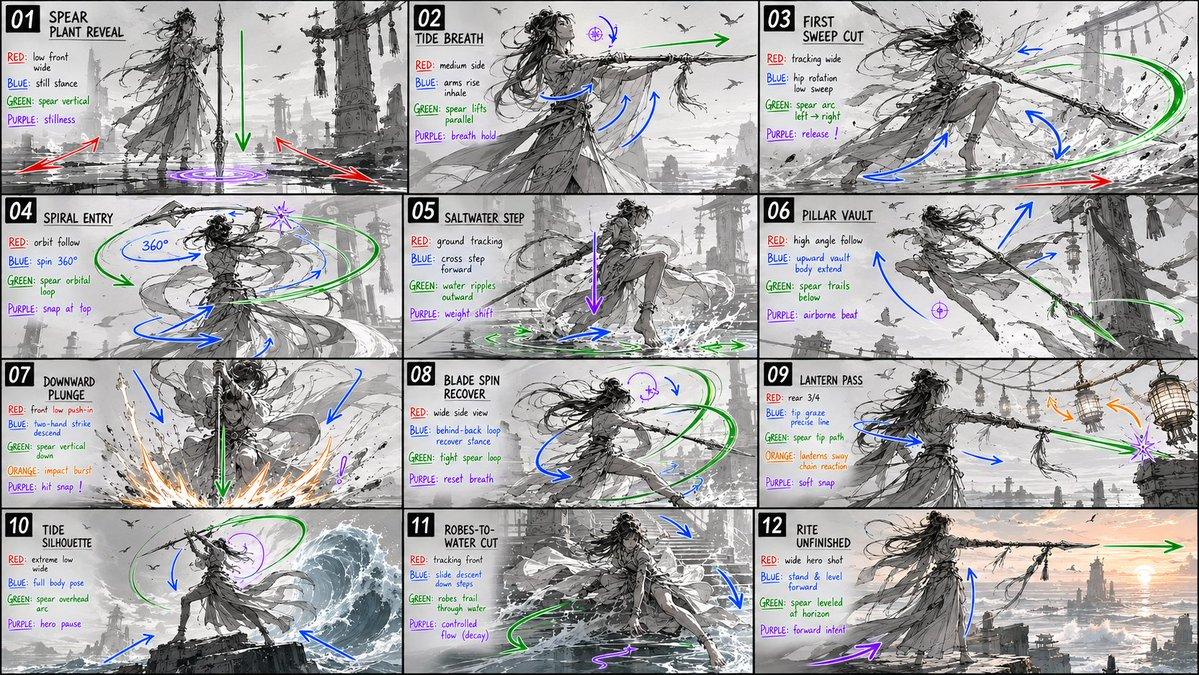 提示词预览: 12 格长矛 Sakuga 分镜脚本