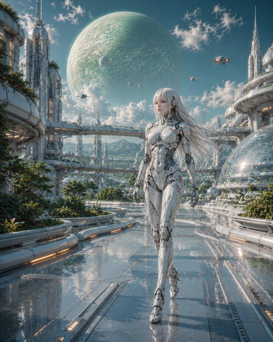プロンプトのプレビュー: 未来的な宇宙都市に佇む女性型アンドロイド