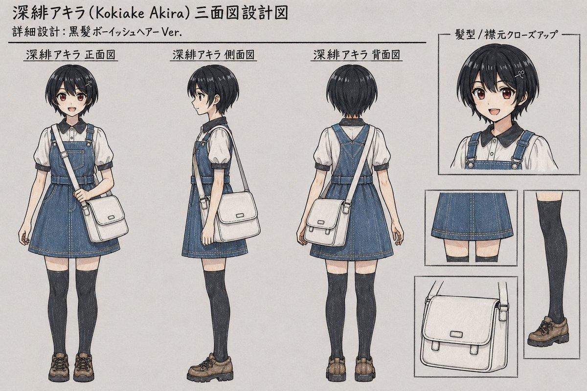 プロンプトのプレビュー: アニメキャラクター三面図シート