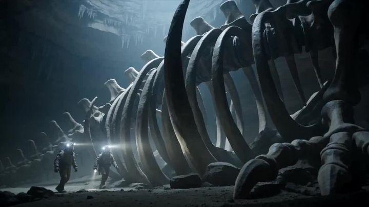 Превью промпта: 15-second photorealistic live-action dark fantasy. Two explorers inside a vast underground cavern di…