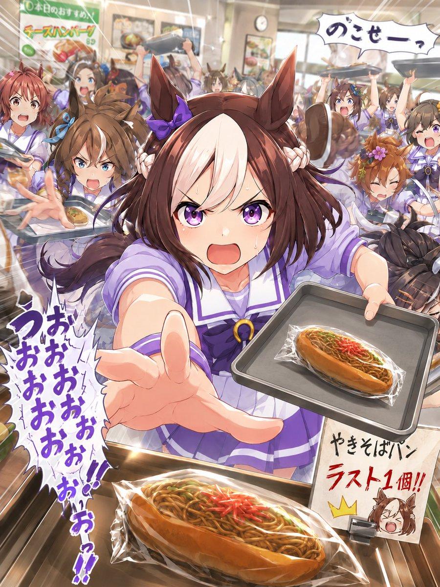 プロンプトのプレビュー: アニメ風学食のやきそばパン争奪戦