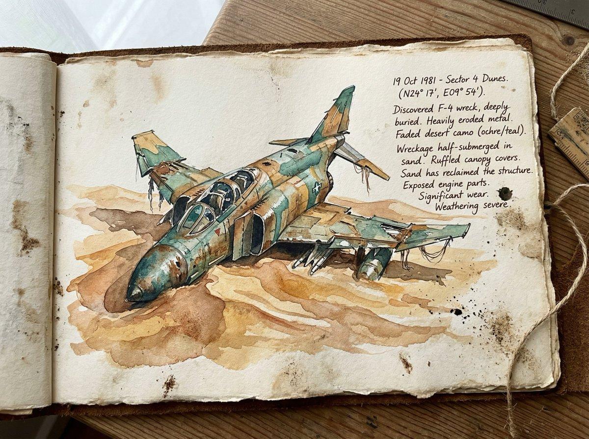 Promptforhåndsvisning: Loose Watercolor of a Half-Buried Fighter Jet in Desert Dunes