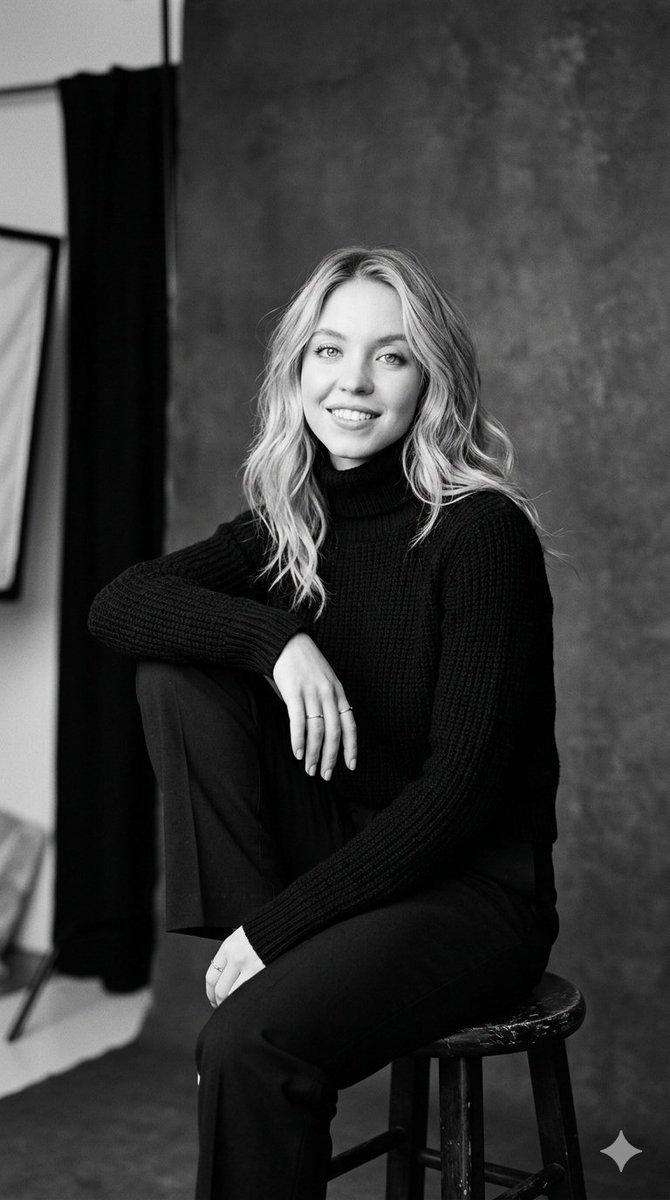 프롬프트 미리보기: 시드니 스위니(Sydney Sweeney) 흑백 스튜디오 인물 사진