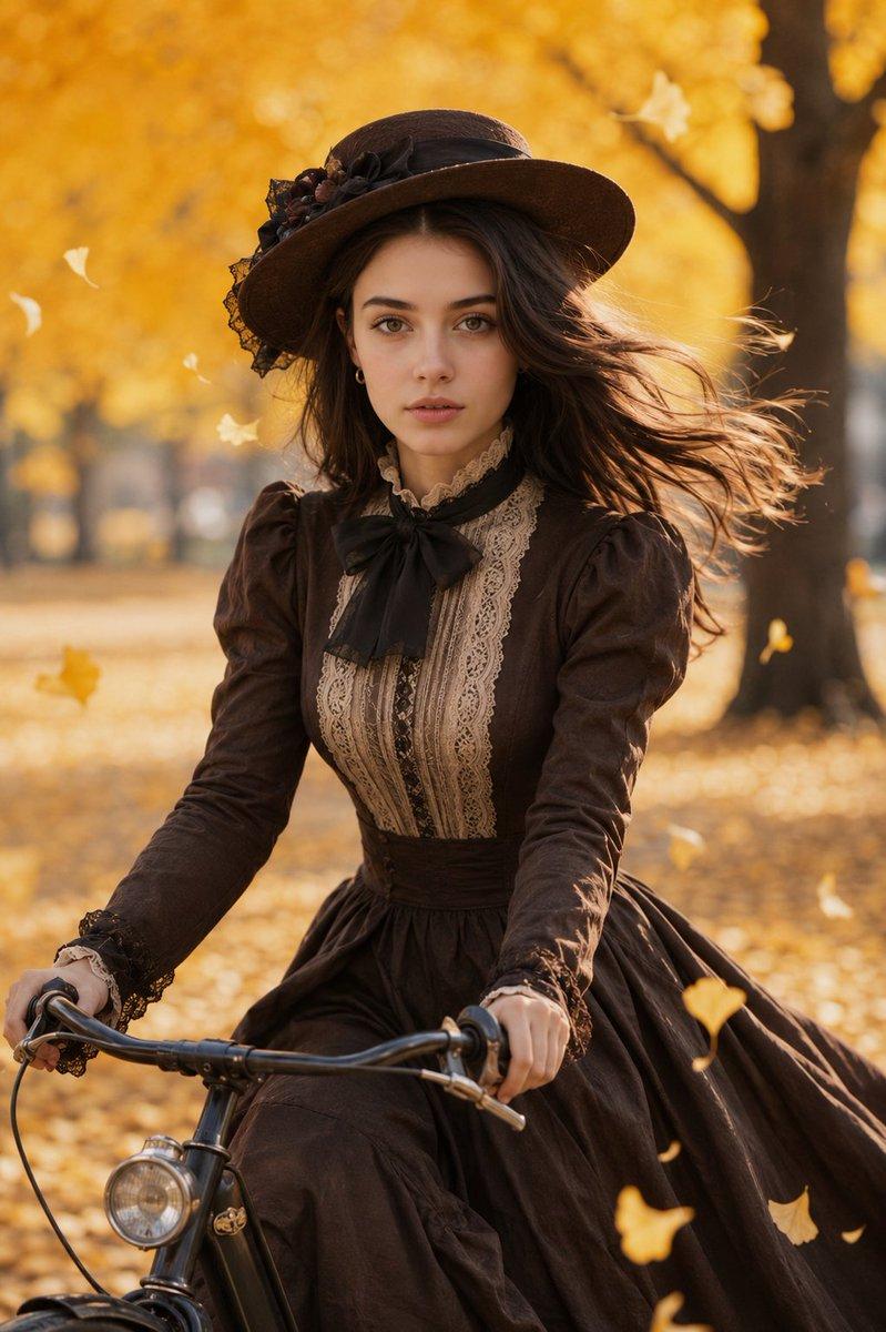 プロンプトのプレビュー: ヴィクトリア朝のドレスを着てヴィンテージ自転車に乗る女性