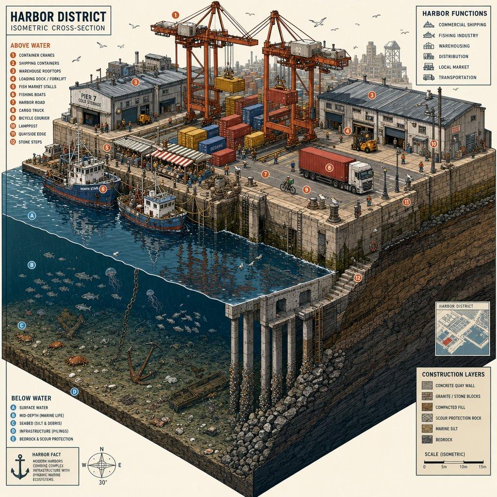 提示词预览: 等轴测港口区横截面