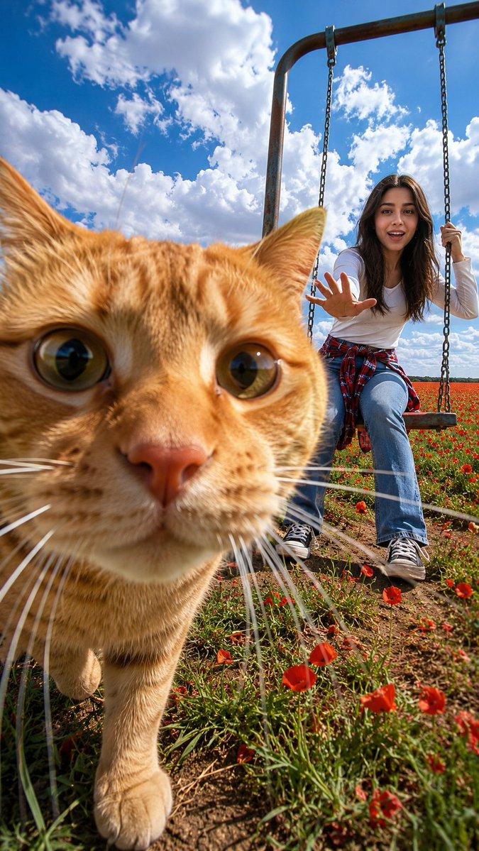 プロンプトのプレビュー: お花畑でフォトボムする猫